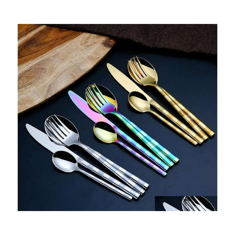 Ensembles de vaisselle Kit de vaisselle en quatre pièces Poignée givrée Couteau en acier inoxydable Fourchette Cuillère Service de dîner Ensembles de vaisselle de cuisine occidentale DH7US