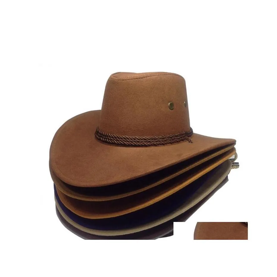 Wide Brim Hats Bucket Hats Fashion Western Cowboy Hat Faux Suede Outdoor Big Sunshade Men Riding Imitation Leather Adt Drop Delive Dhmxr
