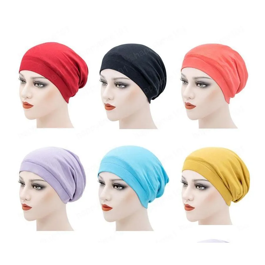 Berretti con teschio/teschio Arrivo Donna Cura dei capelli Raso di cotone Tappi di colore solido Notte Cappello da sonno Avvolgere la testa Elastico Copricapo morbido Copricapo Drop Dhuu6