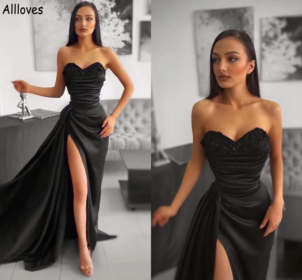 Noir Satin Peplum Sirène Robes De Soirée Chérie Ruché Dentelle Appliques Formelle Parti Robes De Bal Sexy Haute Split Arabe Aso Ebi Occasion Spéciale Robe CL1573