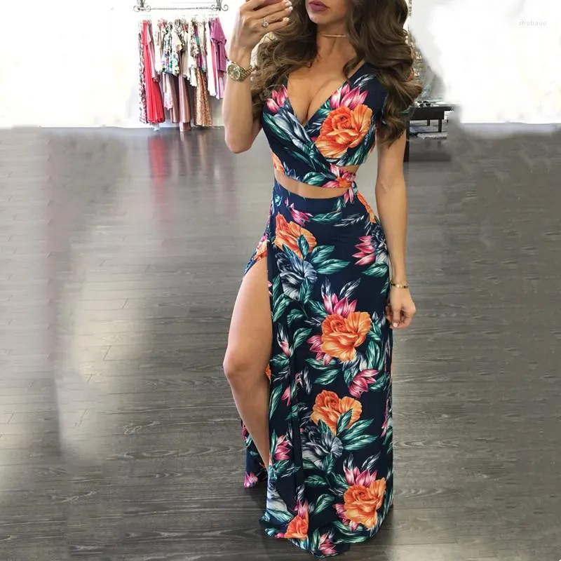 Work Dresses V Neck Hollow Out Crop Top And Split Long Skirts 2 Piece Sets Women Clothing 2022 Print Floral Dress Two-Piece Set Lady Sexy