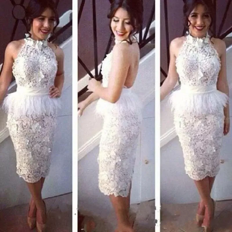 Short Sheath Lace Feather Cocktail Party Dresses Sleeveless Knee Length Prom Gowns For Women 2023 White Special Occasion Wear