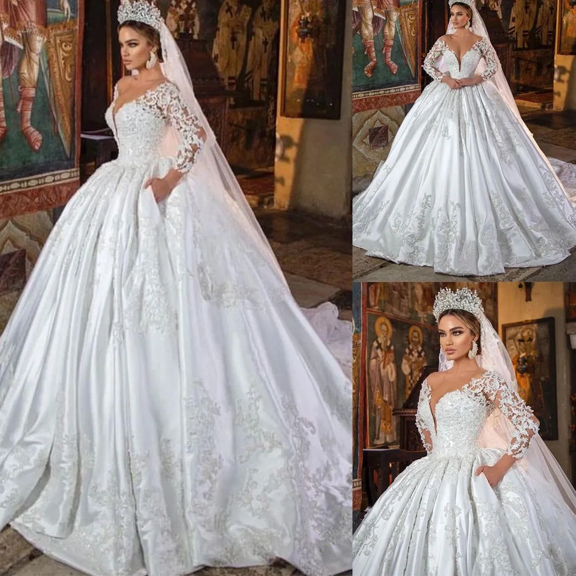 Vestido de novia blanco con escote en V sencillo, vestido de baile hecho a medida, encaje elegante, manga larga, hasta el suelo, vestidos de novia para iglesia