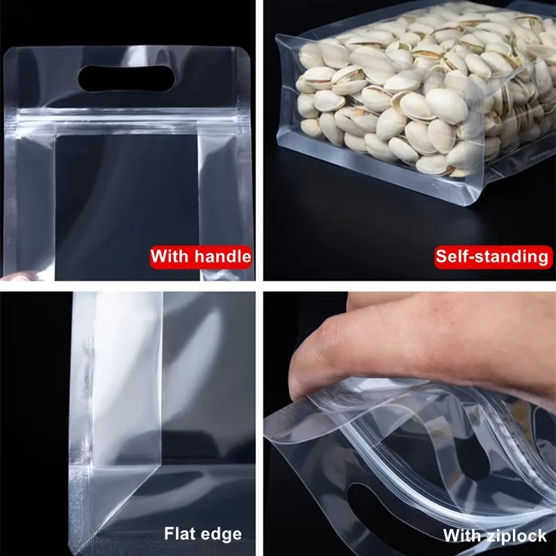 Transparent Plastic Food Packaging Self seal Bag Handle Portable Sealed Storage Candy Grains Tea Nut Dried Fruit LX5321