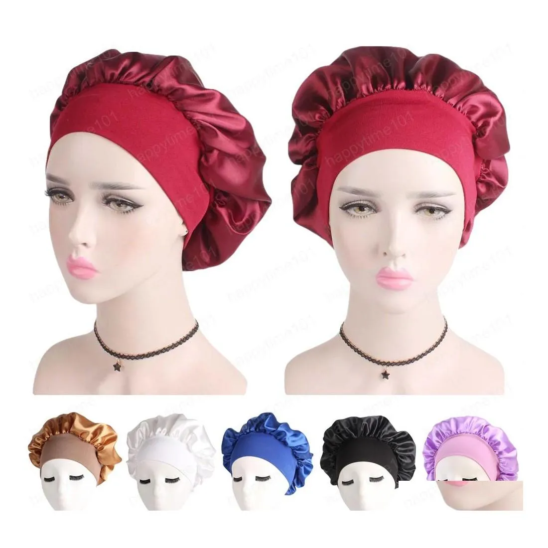 Beanie/Skull Caps Vrouwen Satin Bonnet Cap Night Sleep Haar Bescherming Hoofd ER brede band Pas hoeden Nachtcap verlies unisex Fashion Drop de Dho5y