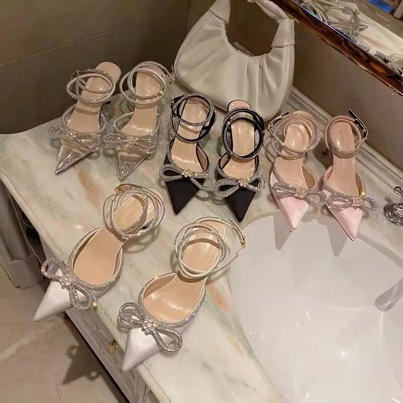 2022 Yeni Moda Elbise Ayakkabı Lüks Tasarımcılar Akşam Slingback Satin Yay Pompaları 6.5cm Kristal-Emberishments Rhinestone Ayakkabı Makara Topuklu Topuklar Sandals Kadınlar İçin