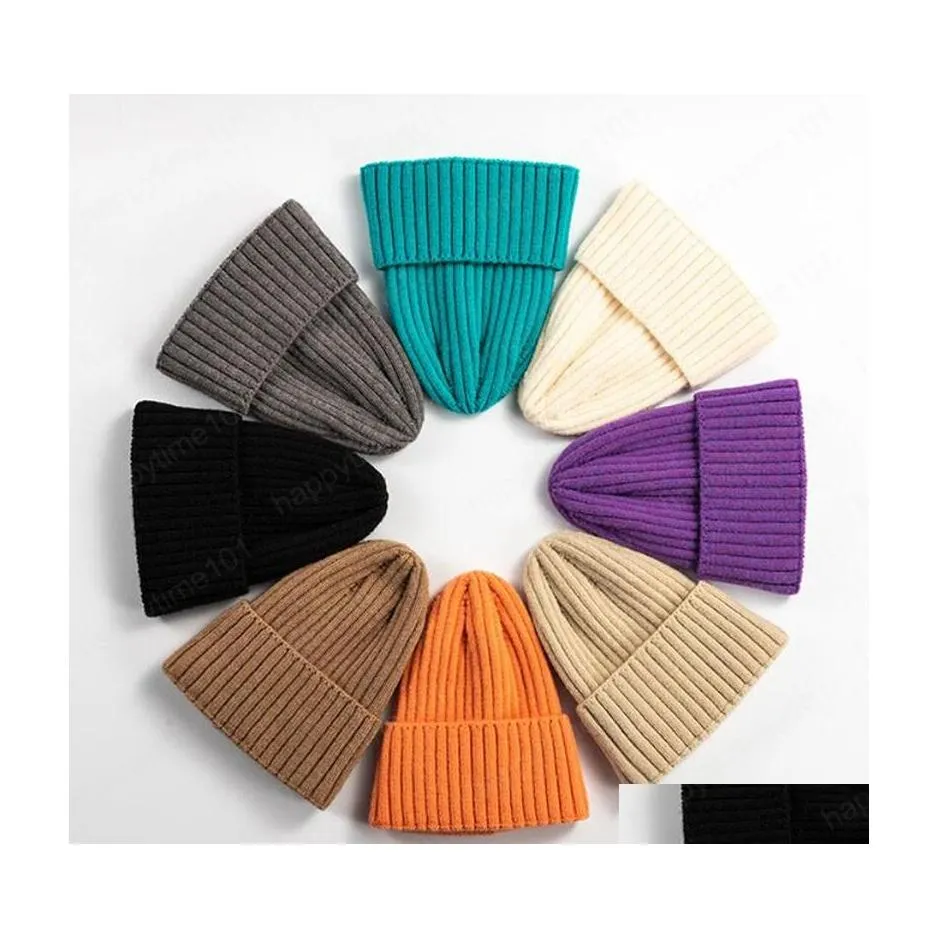 Bonnet / Crâne Caps Mode Hiver Tricoté Bonnet Chapeaux Coton Cachemire Japonais Chaud Laine Casquettes Solide Couleur Flanging Hommes Et Femmes DH69P