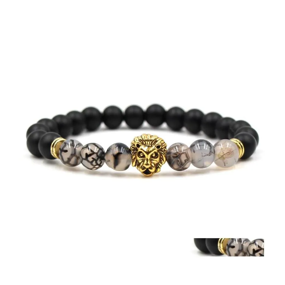 Perlen 8 mm mattiert schwarz Drachen Design Stein Perlen Armband antike Leopard Löwenkopf Charms Pseira Feminina Buddha Schmuck Tropfen Deli Dhelw