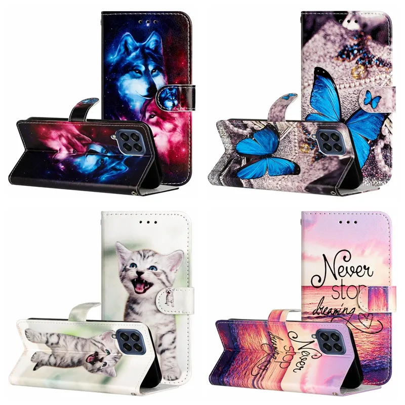 Capa carteira de couro Wolf para Samsung S24 Plus Ultra S23 FE A25 A24 A15 A05 A05S Moda Impressão Flip Leopardo Borboleta Árvore Flor Gato Cartão de Crédito ID Slot Titular Bolsa