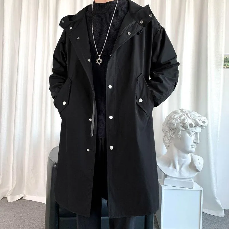 Men's Trench Coats Men's Jacket Long Sleeve Korean Fashion Button Closure Winter Casual Loose Clothing Hip Hop Hoooded Male Coat