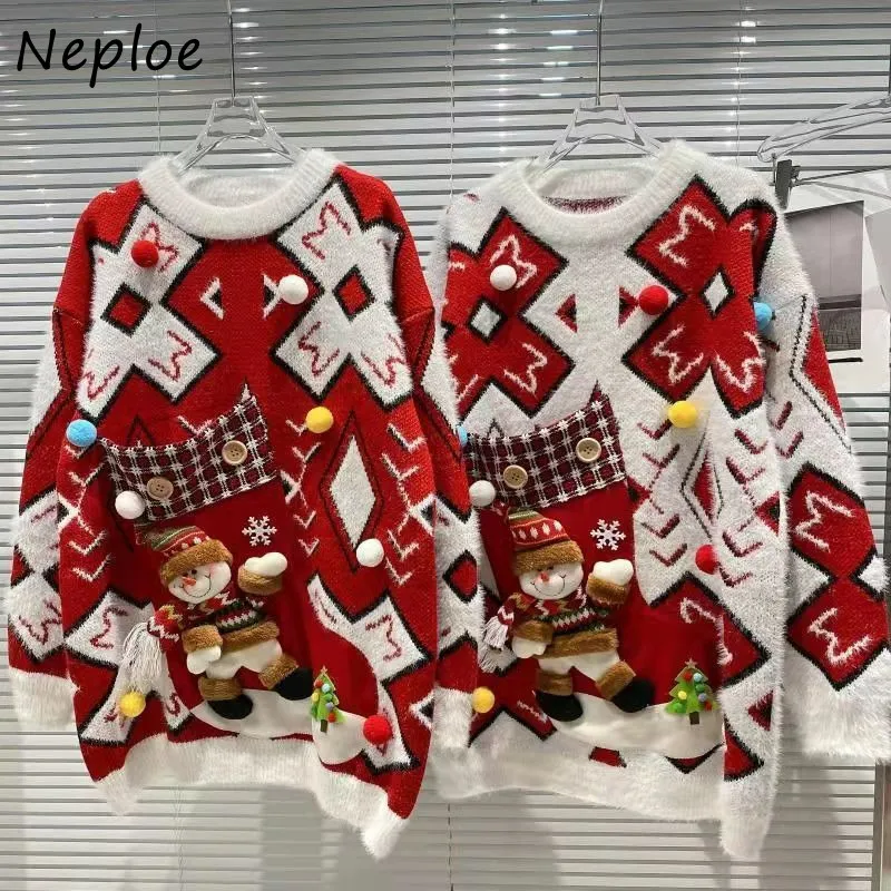 Women s Sweaters Neploe O Neck Plaid Contrast Color Long Sleeve Pull Femme Knitted Pullover Sweater Y2k Stereo Little Pompom Christmas Jumpers 221206