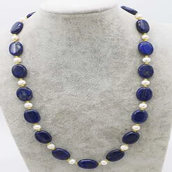 Blue Lapis Flat 13x18mm و White Freshwater Pearl Round 8-9mm Necklace 21inch