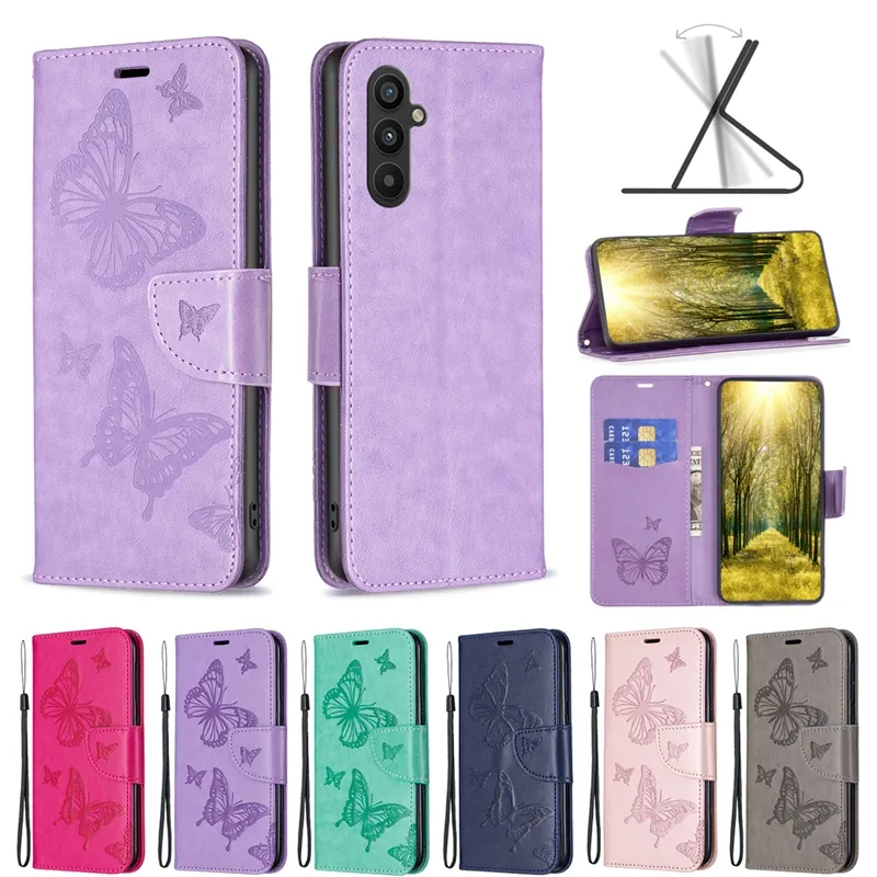 Étuis portefeuille en cuir avec empreinte papillon pour Samsung A34 5G A54 Xiaomi 13 Pro 12T 12 Lite Redmi A1 Plus, couvercle à rabat avec fente pour carte, pochette pour téléphone portable pour filles et dames