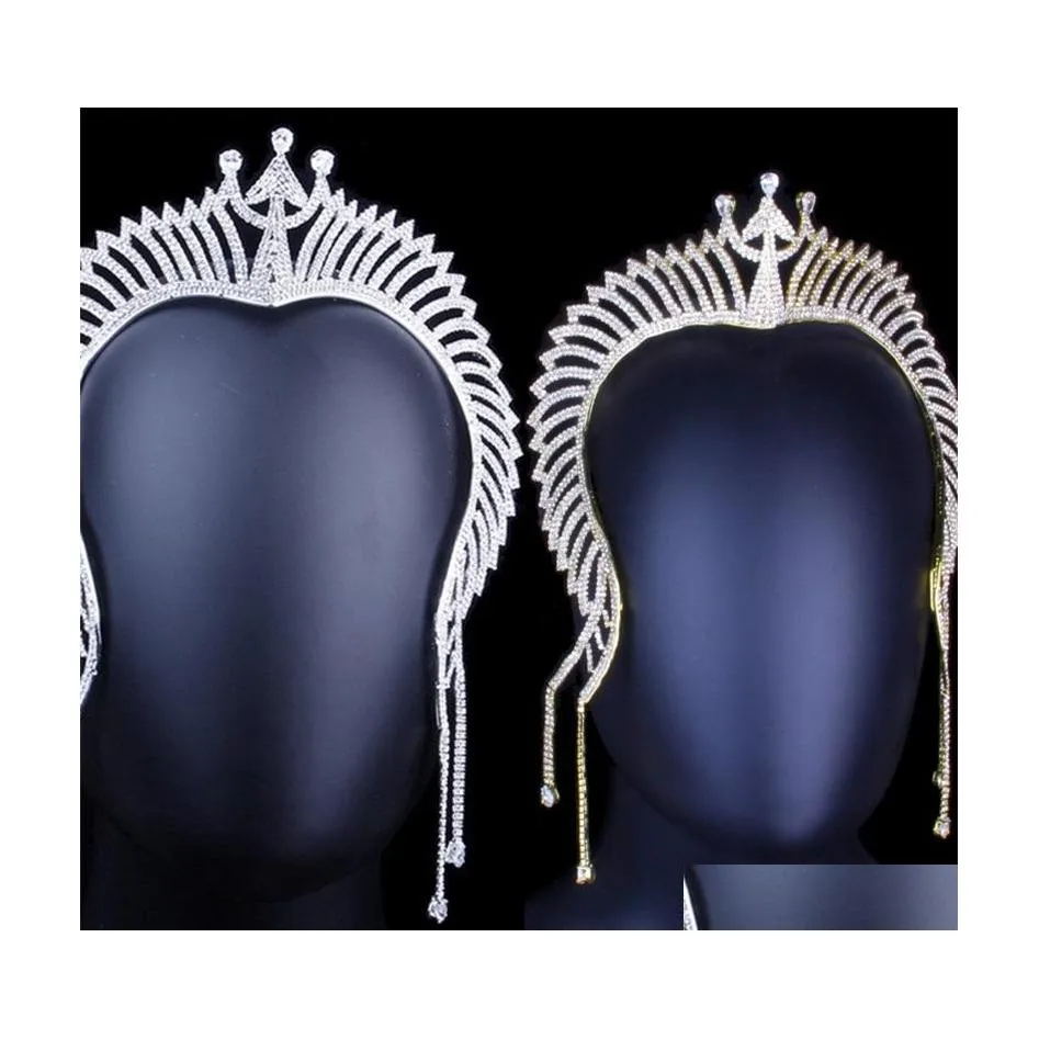 Diademi Queen Crown Fl Strass Trident Corone per donne Ragazze Nappa lunga Copricapo di lusso Copricapo teatrale 1365 D3 Drop Del Dhrvf
