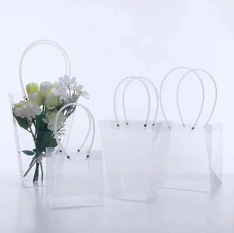 Clear Flower Bouquet Gift Bag Trapezoidal Plastic Storage Handbag PVC Packing Bags Birthday Party Holiday Handbags Large Wrap Florist Shop Packaging Supplies