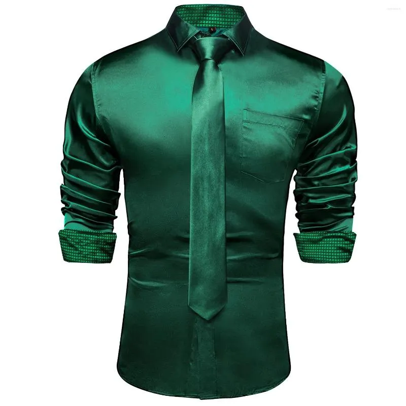 Chemises habillées pour hommes Vert Plaid Splicing Couleurs contrastées à manches longues pour hommes Designer Stretch Satin Tuxedo Shirt Vêtements Blouses