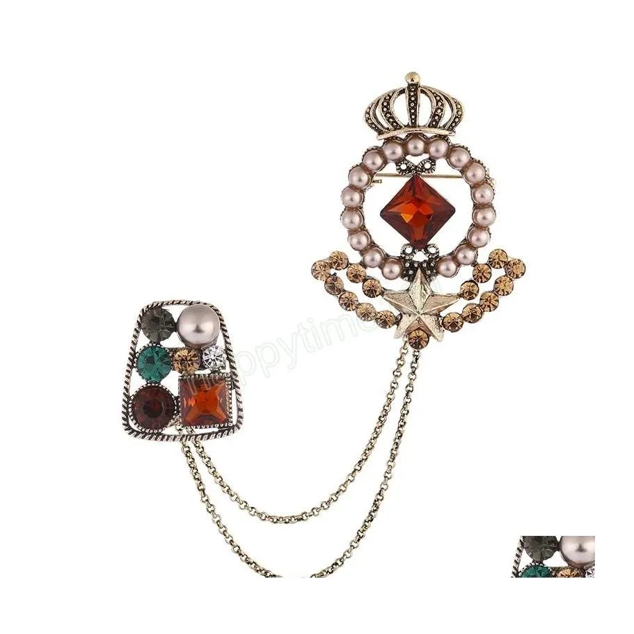 Broches Broches Vintage Cristal Perle Couronne Ancre Broche Luxry Bijoux Étoile Gland Chaîne Épinglette Costume Chemise Col Pins Cor Access Dhrbt