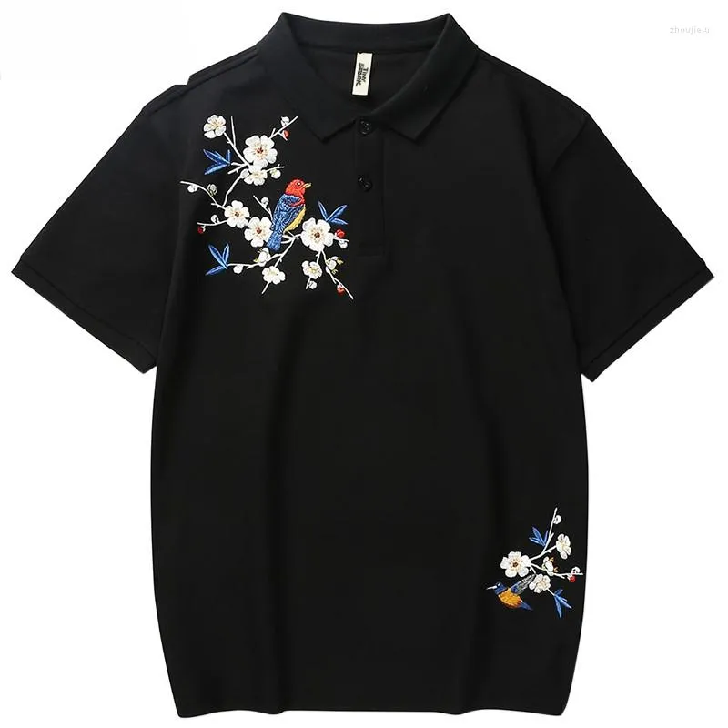 Men's Polos Mens Polo Shirt Hip Hop Streetwear Floral Embroidery PoloShirt Summer 2022 Black Cotton Casual Short Sleeve