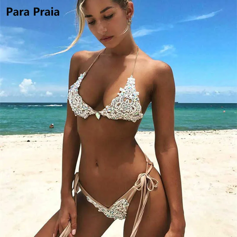 Bras sätter Para Praia Lace Bikini 2022 Sexig kedja Halter Biquini Rhinestones Badkläder Kvinnor Brasilianska baddräkt Beachwear Bathing Suit T221206