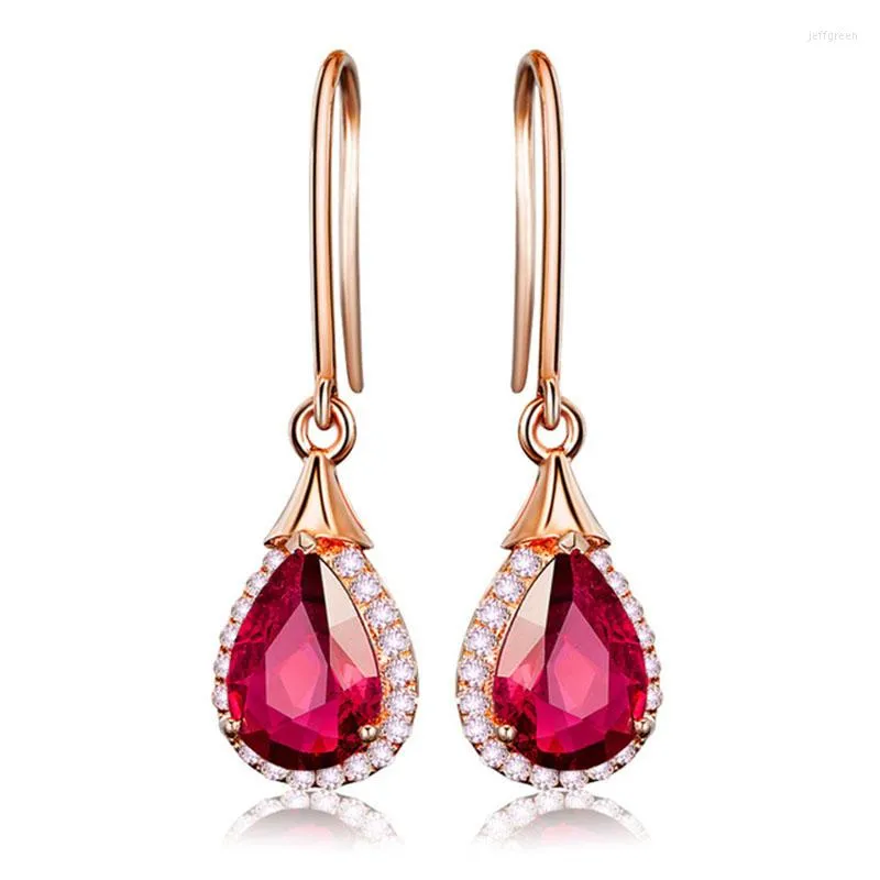 Dangle Earrings 925 Temperament Pigeon Blood Red Rose Ruby Color Treasure Drop-shaped Plated 18K Gold Jewelry For Women Gift