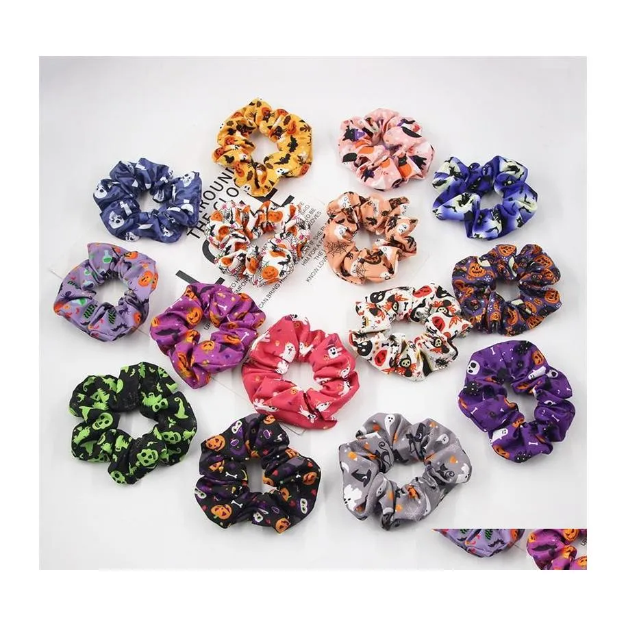 Elastici per capelli 15 disegni Scrunchies per capelli di zucca di Halloween Bk Spider Bat Bracciale con cravatta stampata Fascia elastica Porta coda di cavallo per ragazze Dhhu6