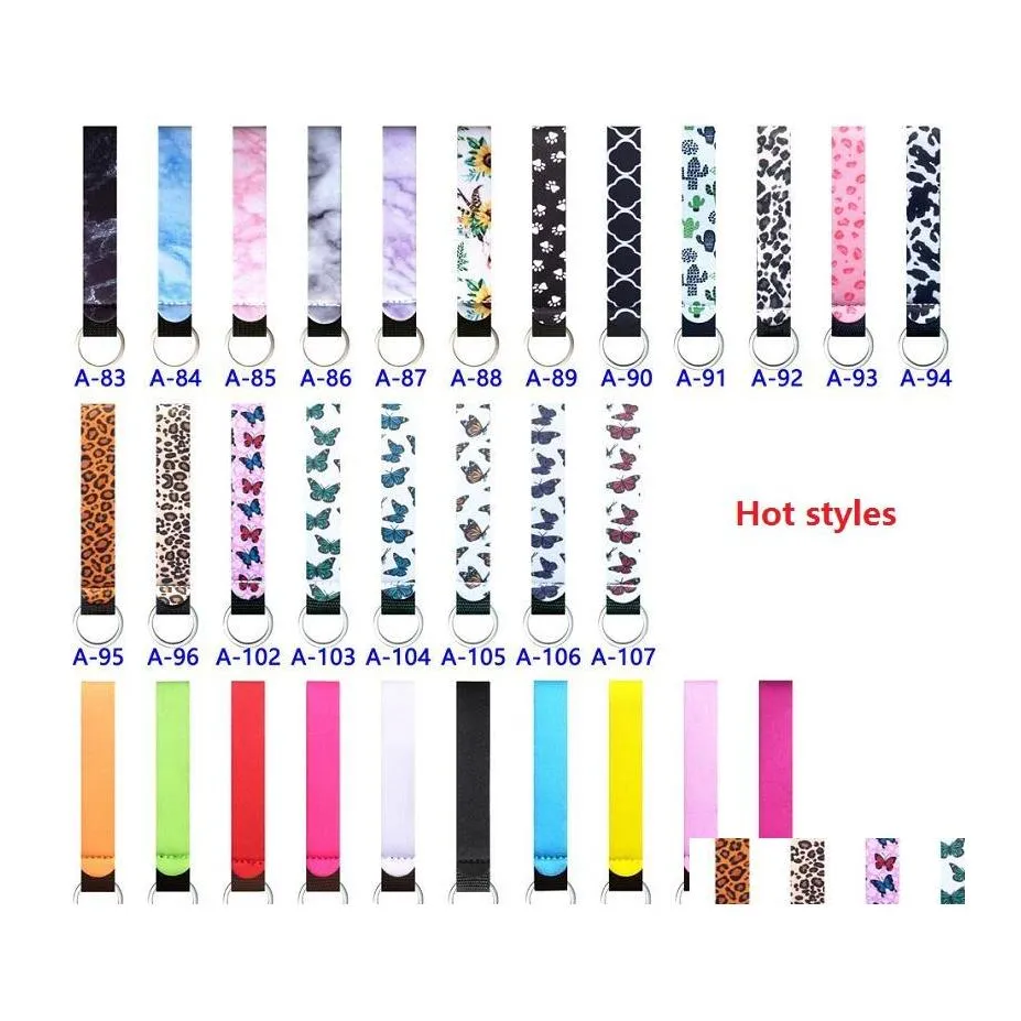 Sleutelhangers Lanyards 117 kleuren Neopreen polsbandje Sleutelhanger Pols Sleutel Riem Meer Design Strip Leopard Pure Color Telefoon Lanyard Sleutelhanger Dhv1M