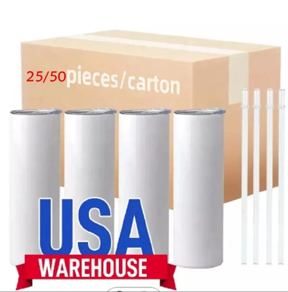 USA Warehouse Sublimation Tumblers Mugs Blank20 Oz White Straight Press Mug Cupストロー断熱二重壁ドリンクウェア付き