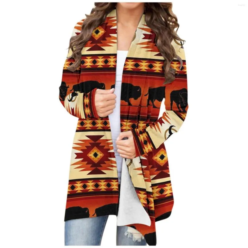Women s Knits Ladies Vintage Western Ethnic Print Cardigan Women Casual Geometric Aztec Long Sleeve Shirt Top Jacket Coat