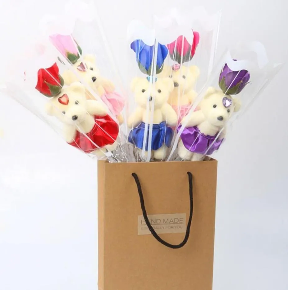 싱글 베어 비누 꽃 곰 시뮬레이션 인공 꽃 장미 발렌타인 데이 파티 부케 선물 도매