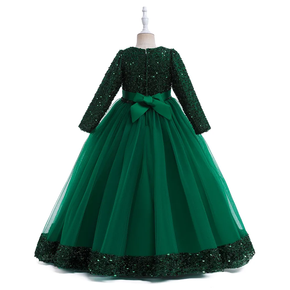 16050 Christmas Dress For Girl Green Sequins Princess Long Sleeve Party Dress Children Bowknot Tutu Ball Gown Dresses