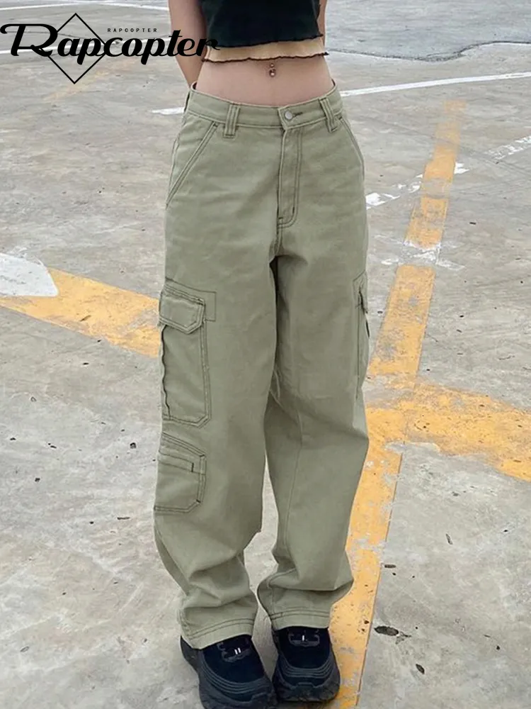 Jeans pour femmes Rapcopter y2k vert Cargo grandes poches pantalon taille basse Harajuku décontracté basique pantalon de survêtement rétro sportif Joggers 90s 221206