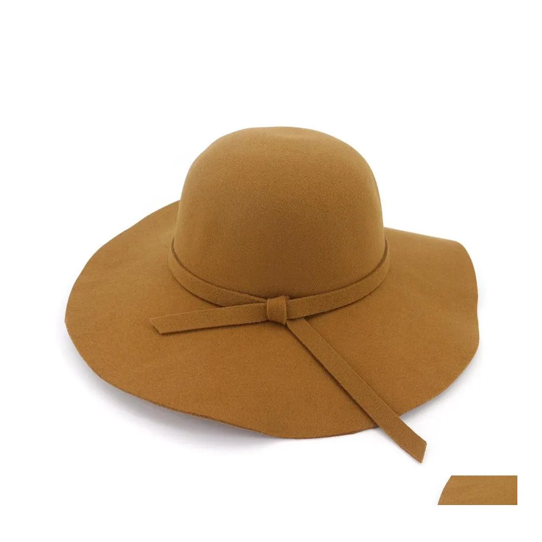 Cappelli a tesa larga Cappelli a secchiello Moda Donna Lady Tesa larga Feltro di lana Fedora Cappelli flosci Vintage Ragazza femminile Fedora rotondi Cloche Cap Dhovb