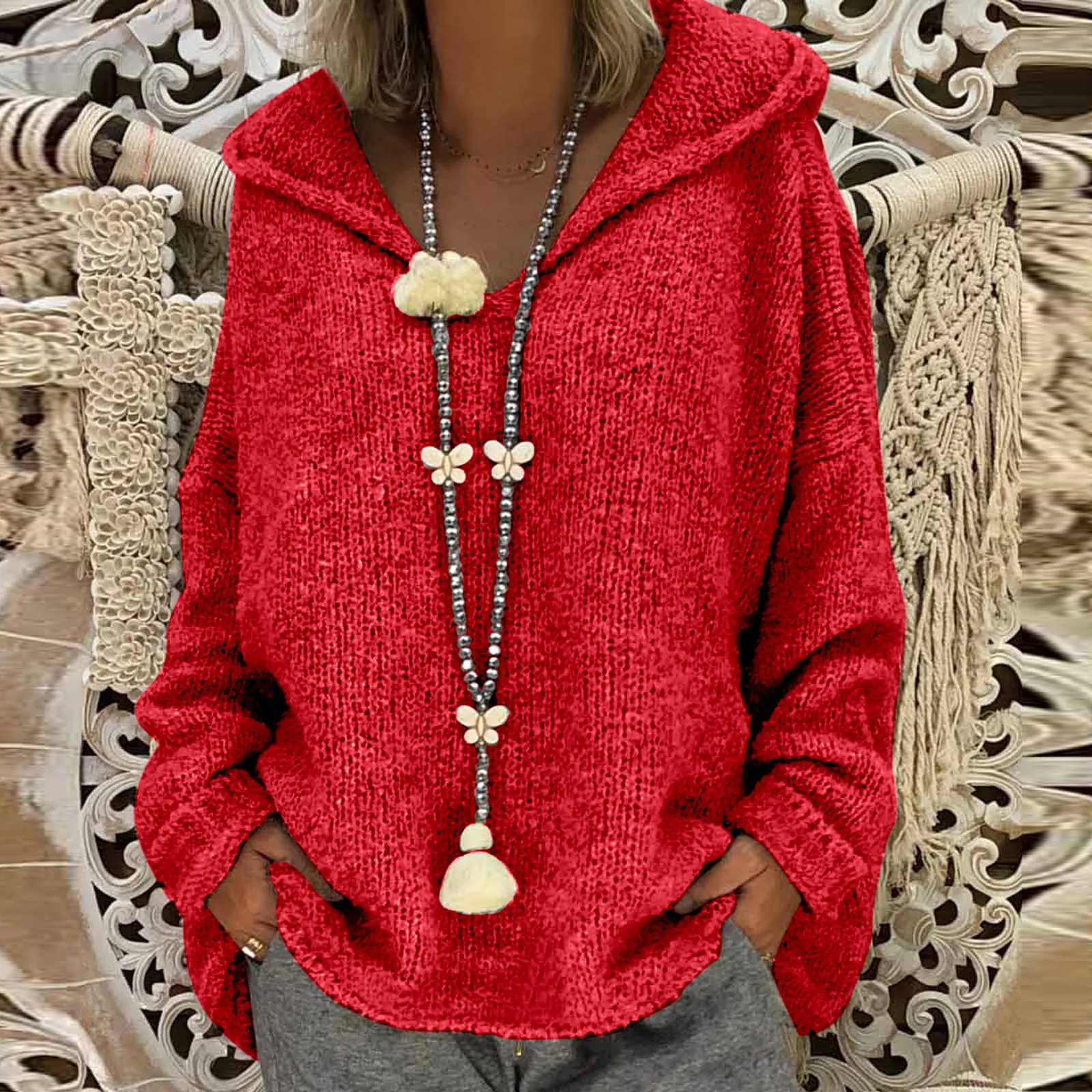 Maglioni da donna a colori solidi sciolti eleganti con maglione a maniche lunghe del cappuccio