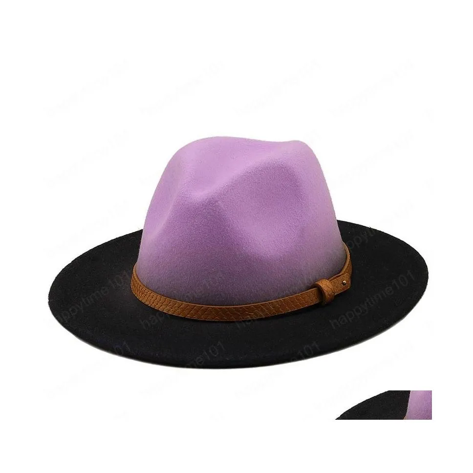 Szerokie brzeg kapelusze wiadra Kapelusze Kobiety mężczyźni wełniane vintage Trilby poczuć fedora kapelusz z szerokim brzegi dżentelmen elegancki gradientowy kolor dla Lady Dhxh8