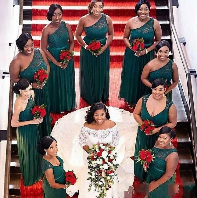 2023 Sexy afrikanische Brautjungfernkleider Jägergrün Chiffon Frühling Ein-Schulter-Spitze Land Garten formelle Hochzeitsfeierkleider Plus Size Benutzerdefinierte Bodenlänge