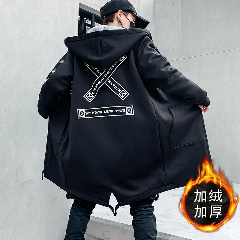 Japanese Printed Mens Fleece Hooded Long Winter Trench Coat