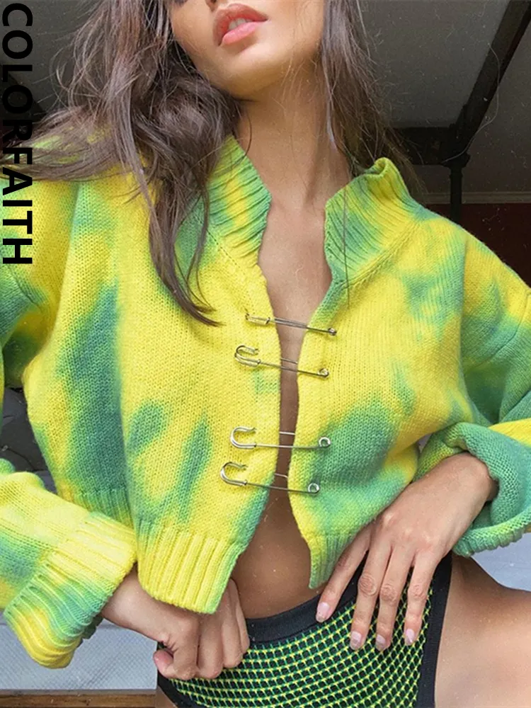 Women's Knits Tees Colorfaith Y2K Pin Tie Dye Vintage Cardigans Cutout Fashionable Autumn Winter Sweaters Short Tops SWC3075JX 221206