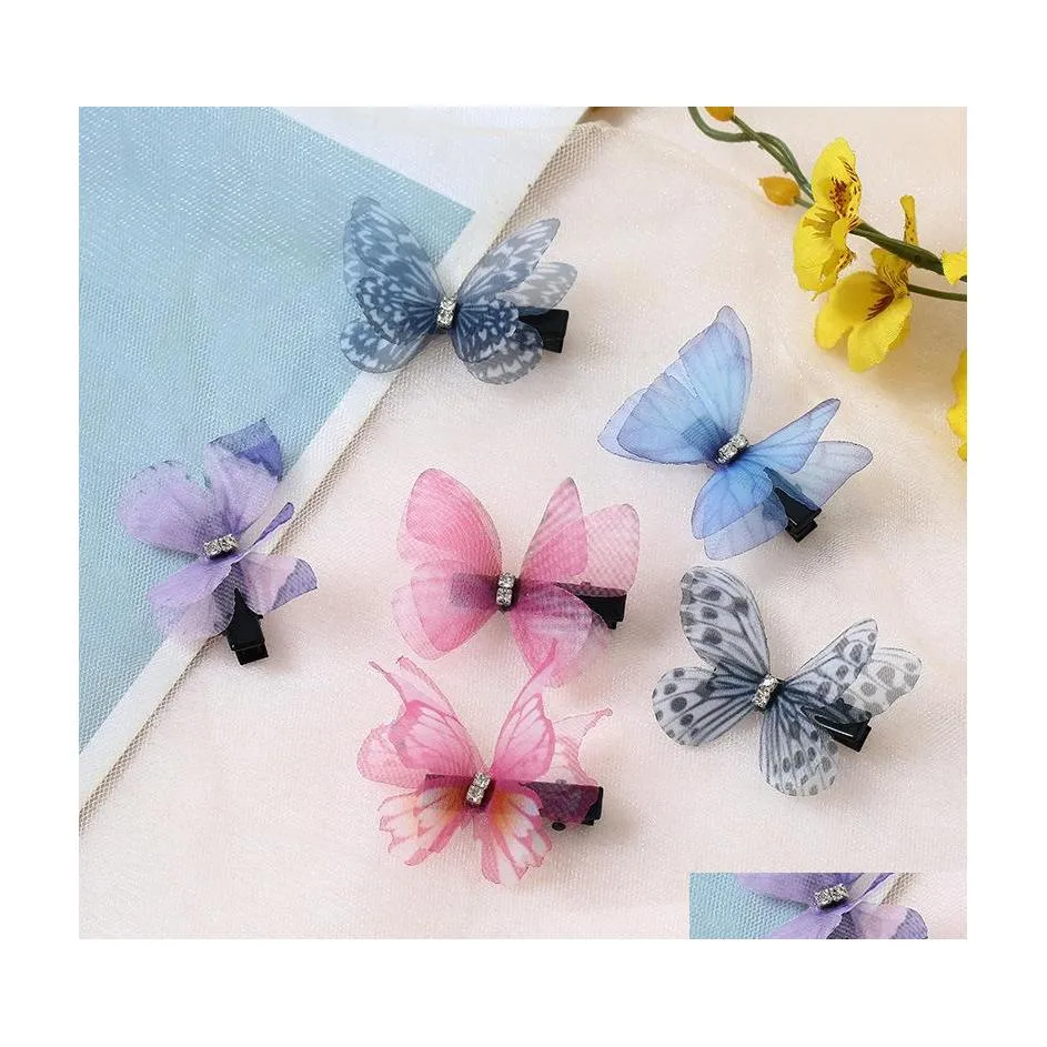 Hårklämmor Barrettes dubbel däck tre nsional Barrettes Butterfly Retro Rhinestone Gace Diy Hair Clips Accessories Women Hairpin Dhoxk