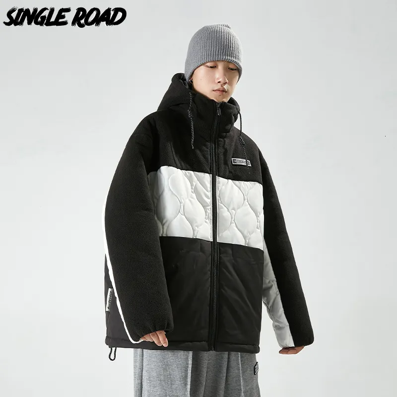 Mens Down Parkas Single Road Winter Jacket Men Fleece Patchwork Hooded Windbreaker Cotton Padded Hip Hop Streetwear Coat Jackets 221207