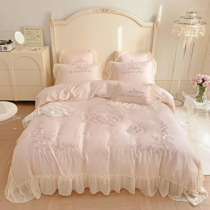 Set di biancheria da letto Set copripiumino in Lyocell eucalipto Ruffels Princess Girls Bianco Rosa Liscio come la seta Lenzuolo di raffreddamento Federe