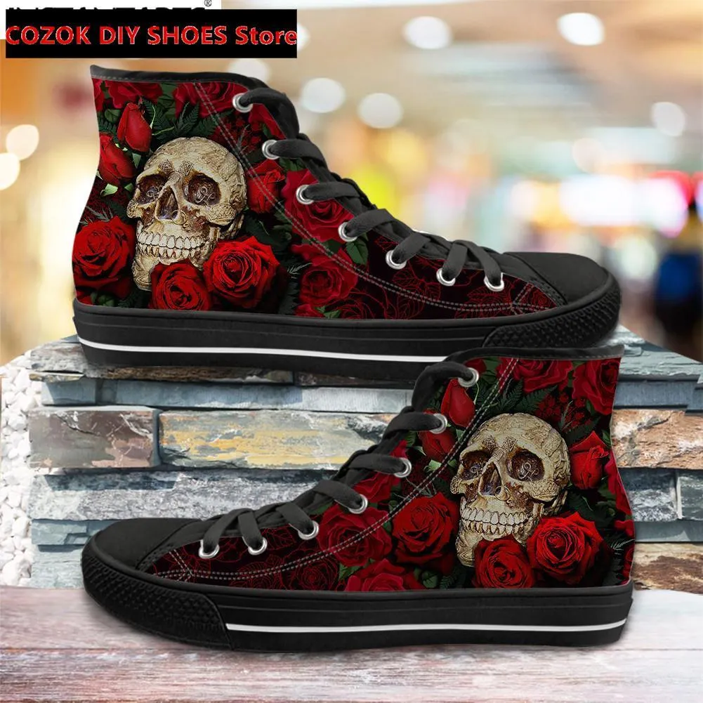 Save Big on Bulk Sugar Skulls Clothes Dress Shoes Classic High Top Canvas  Sugar Rose Flower Skull Print Men S Vulcanized Punk Style Footwear Zapatos  - Main Image