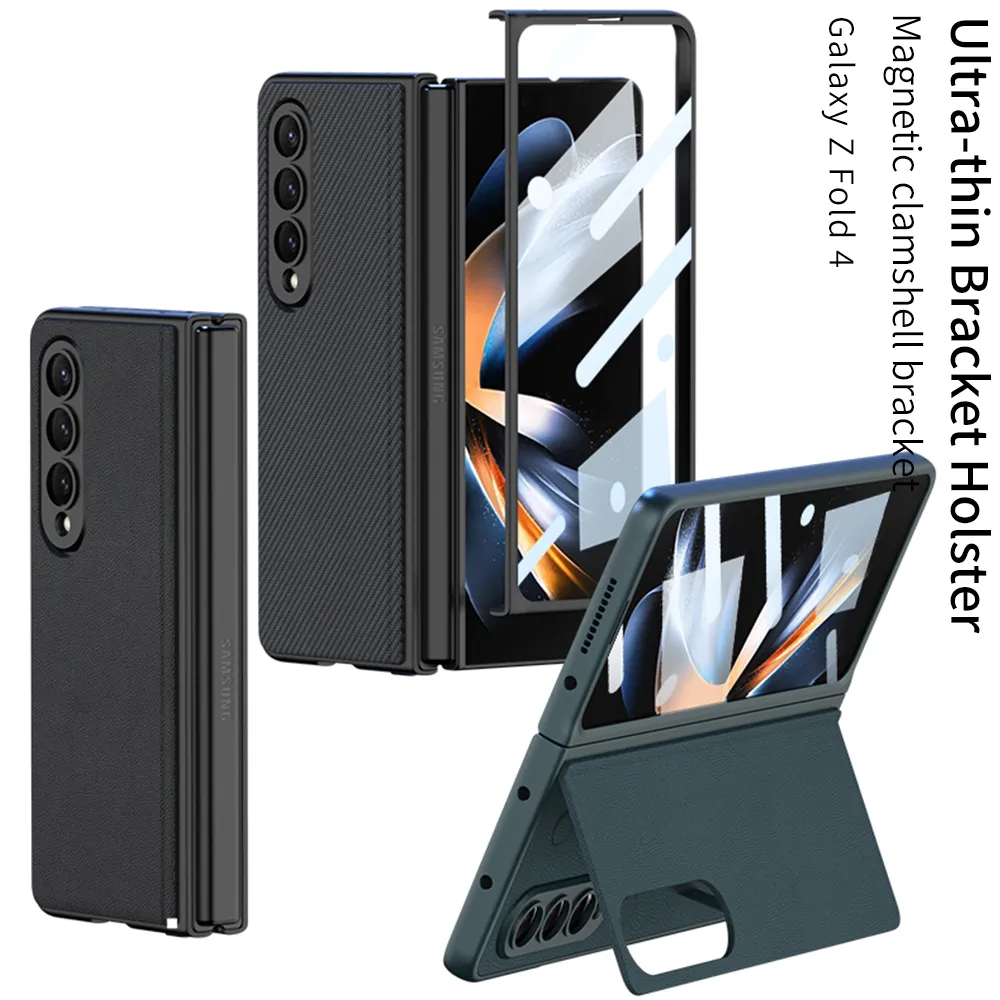 Custodie a conchiglia per Samsung Galaxy Z Fold 4 Custodia in vetro Pellicola protettiva per schermo Cover in pelle magnetica