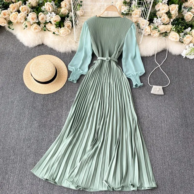 Vestidos casuais cintura plissada emagrecimento elegante chiffon vestido feminino 2022 primavera estilo francês puff manga longa robe feriado maxi plissado