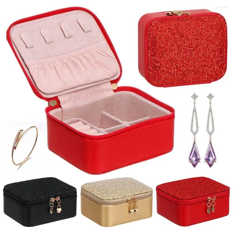 Jewelry Pouches Fashion Luxury Sequined Glitter PU Leather Box Zipper Closure Ring Necklace Bracelet Storage Display