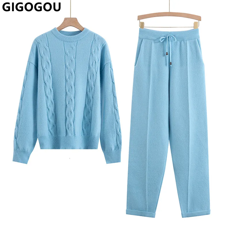 Pantaloni a due pezzi da donna GIGOGOU lavorato a maglia maglione da donna tuta o collo autunno inverno caldo set moda signora casual pantalone 221207