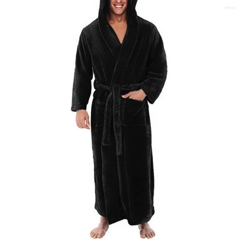 Men's Sleepwear Long Sleeve Pocket Belt Men Bathrobe Winter Warm Hooded Fleece Home Gown