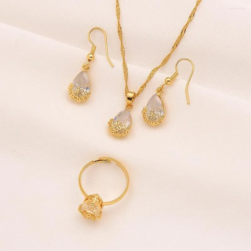 Necklace Earrings Set 24K Fine Gold Filled Pendant Ring Twisted Chain Water Drop White CZ Lucency Bridal Wedding Party