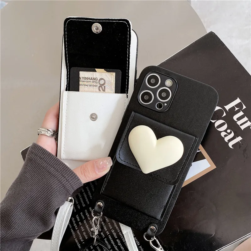 Colar de colar Casos de telefone cardíaco para iPhone 14 13 12 11 Pro máximo xr xs 7 8 plus SE2 SE3 Ajustável Card de cartola ajustável Coloque da embreagem Backet Tampa traseira à prova de choque