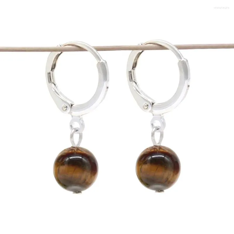 Boucles d'oreilles créoles en acier inoxydable pour femmes, grandes sphères en pierre naturelle de 10MM, à la mode, GE005