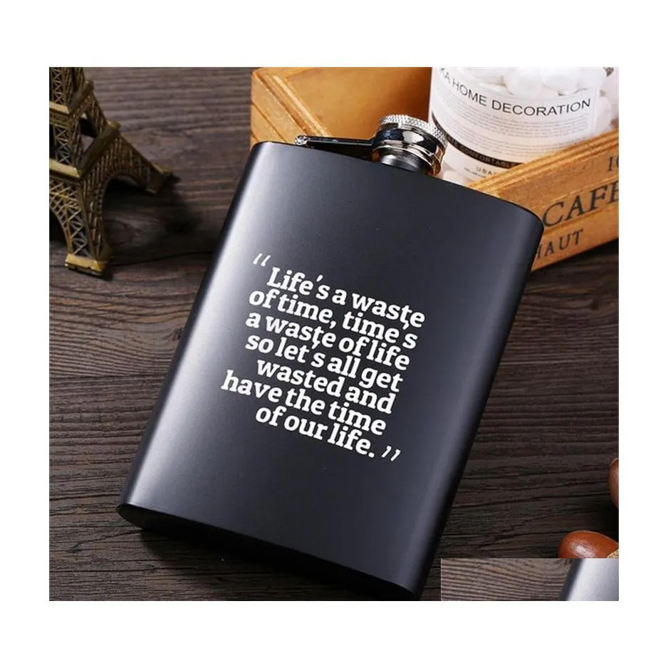 Hip Flasks 8Oz Ounce Outdoors Portable Flagon Adt Black Matte Stainless Steel English Letter Metal Wine Pot Europe America Arrival 1 Dhoch